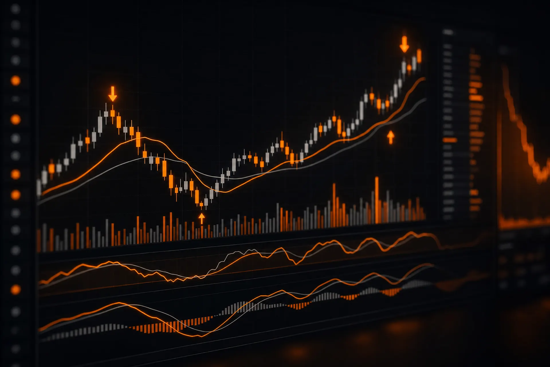 Trading-Chart mit Kerzen und leuchtenden Indikator-Linien