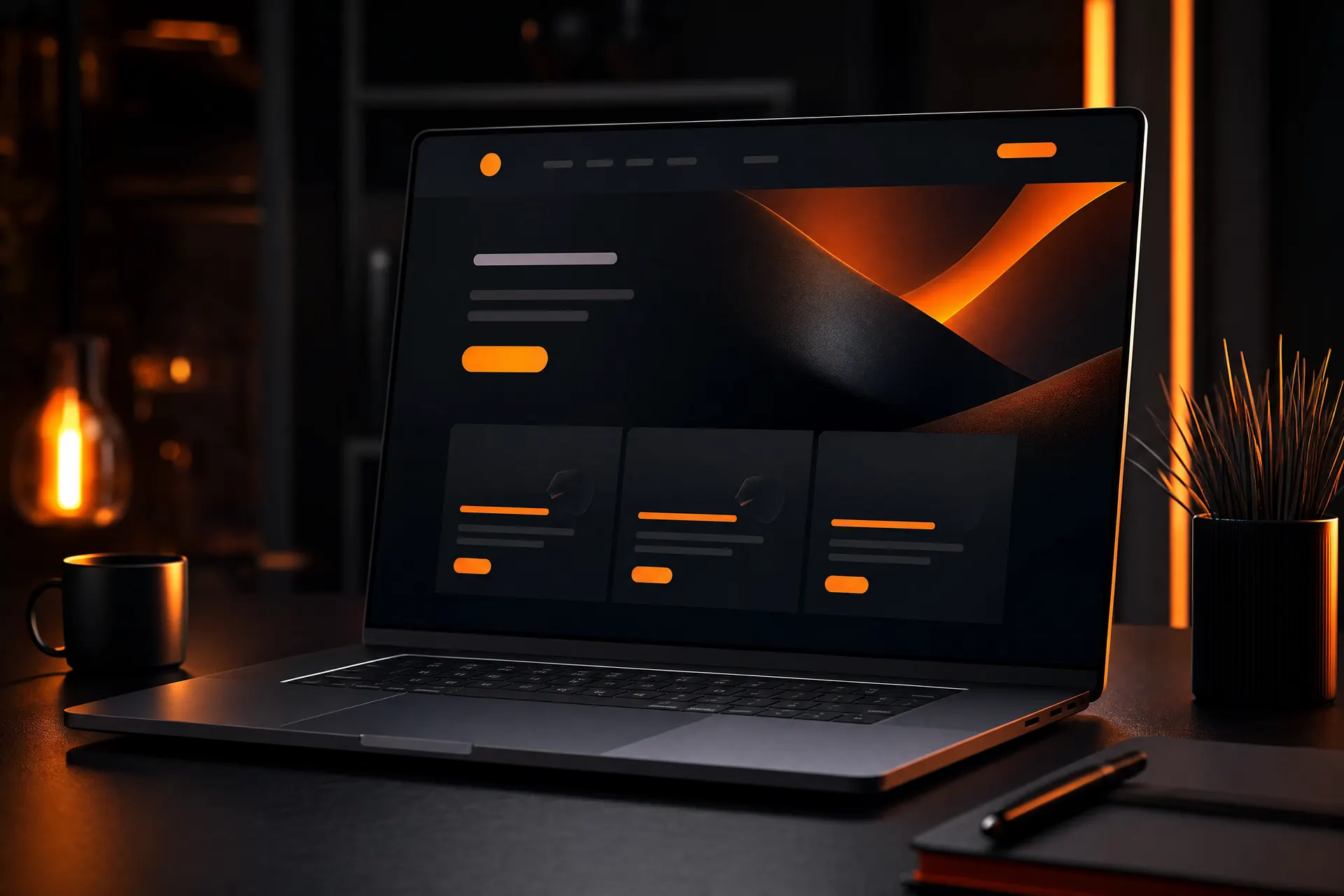 Mockup einer dunklen Firmen-Website auf einem Laptop