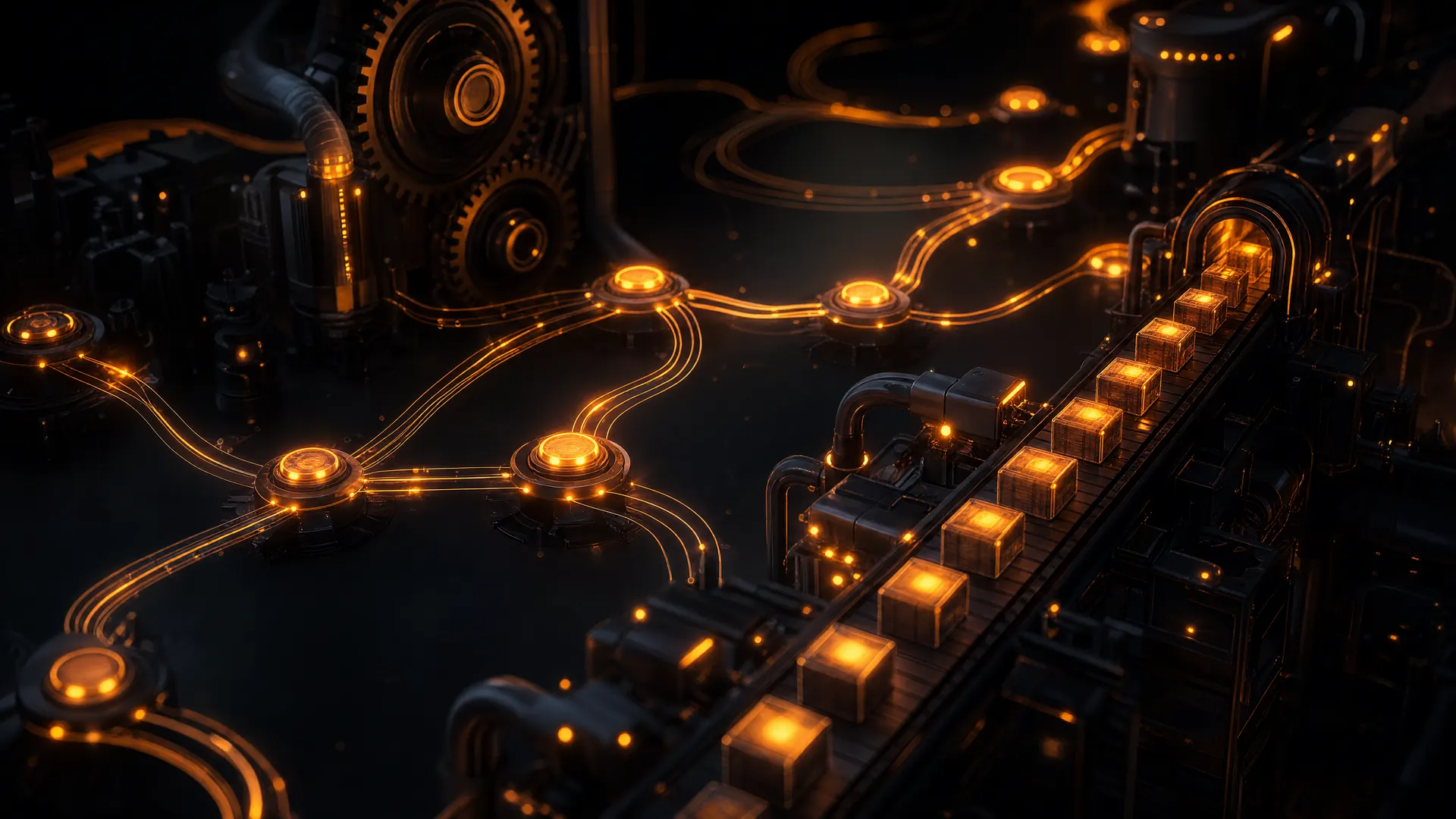 Leuchtende Workflow-Knoten, verbunden durch fließende Lichtbahnen