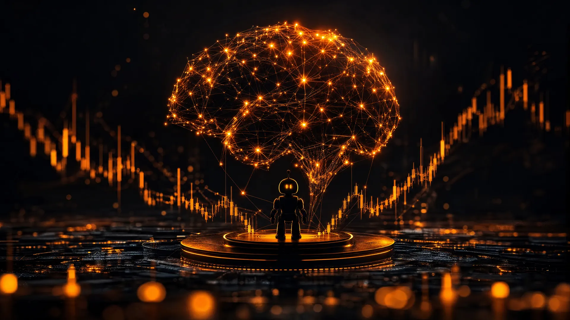 Abstraktes neuronales Netz mit orangen Lichtpunkten