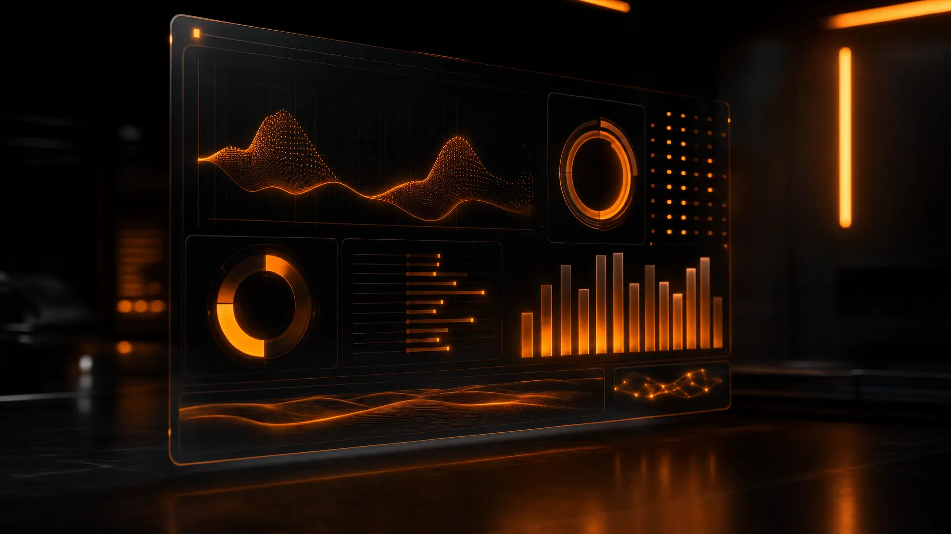 Leuchtende Diagramme und Kacheln eines Dashboards im Dunkeln