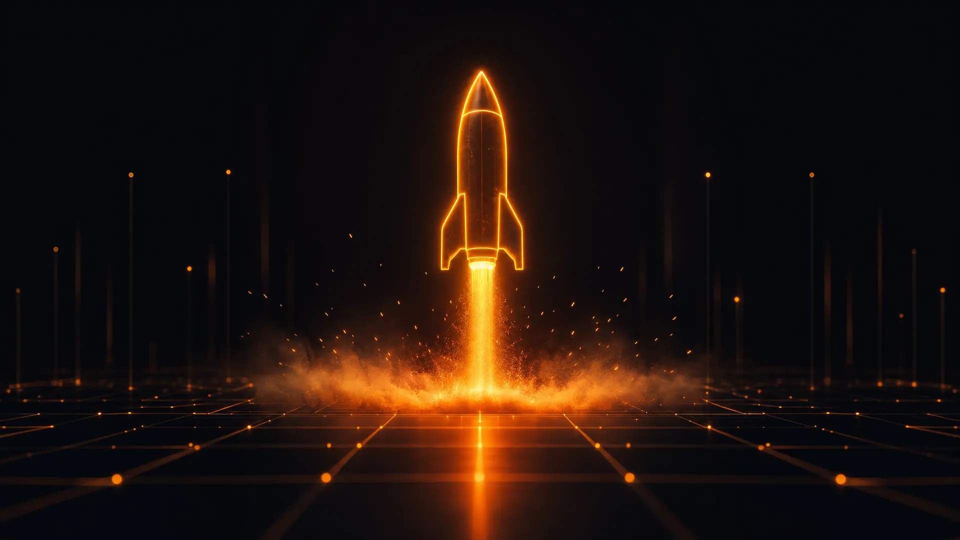 Abstrakte Rakete aus Licht, die durch einen dunklen Raum aufsteigt