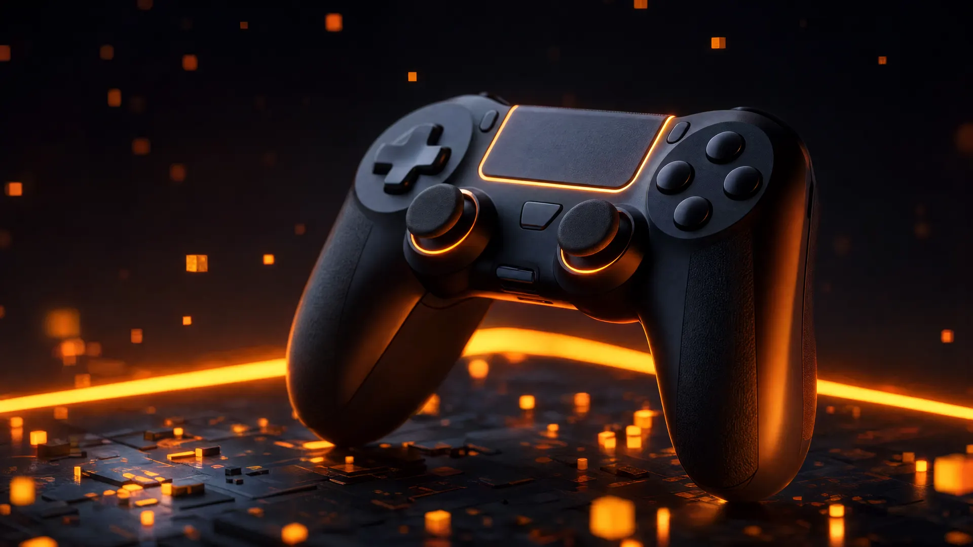 Gamecontroller in orangem Neonlicht