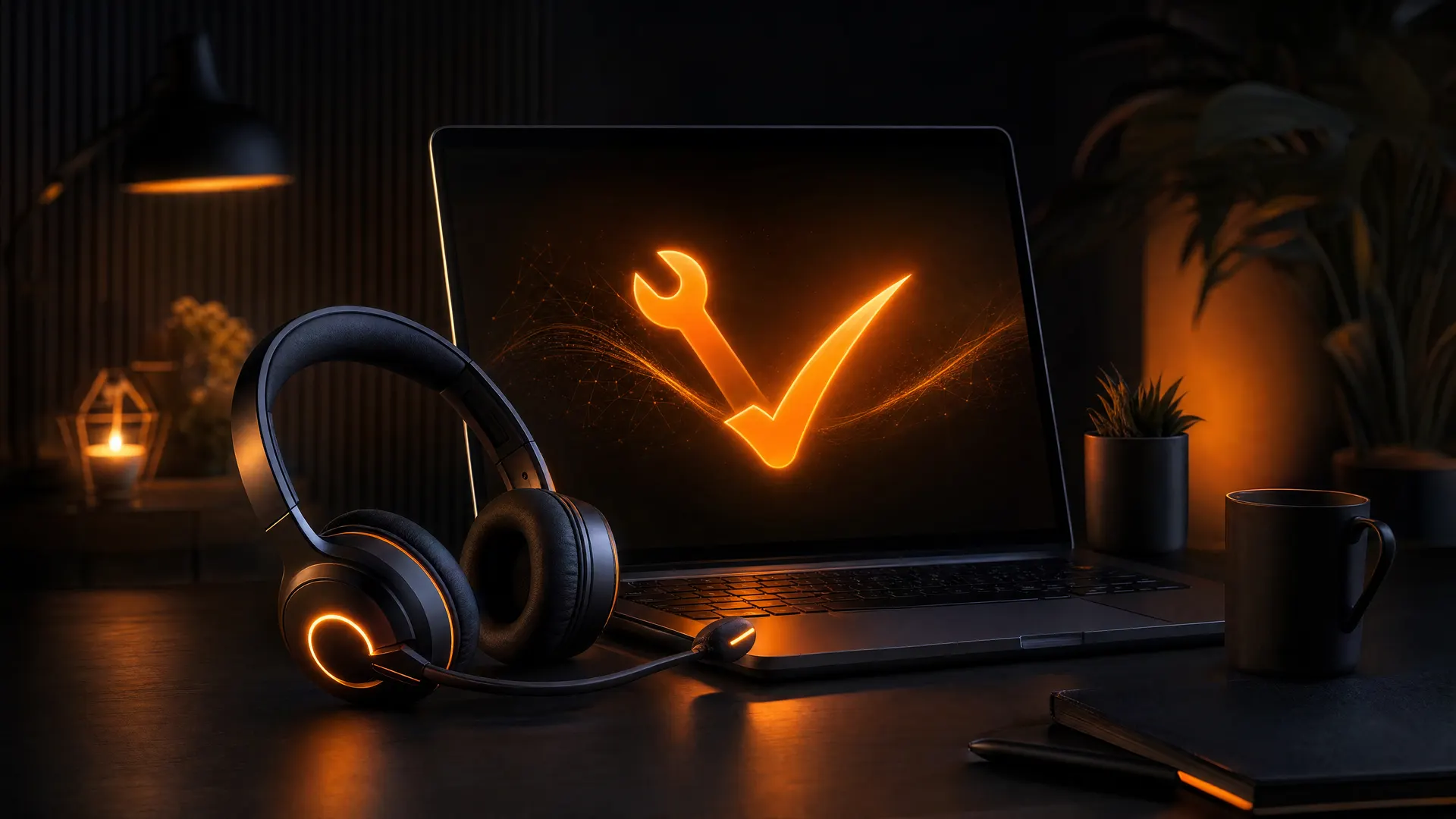 Headset auf einem dunklen Schreibtisch neben einem Laptop