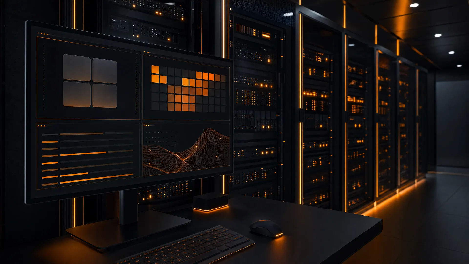 Serverraum mit schwarzen Racks und orangen Status-LEDs