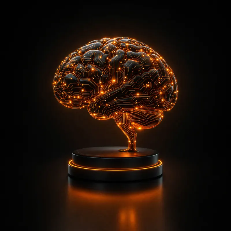 3D-Gehirn aus Schaltkreisen und orangen Lichtpunkten