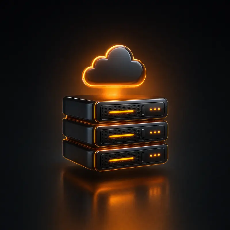 3D-Stapel aus Server-Einschüben mit orangen LED-Streifen